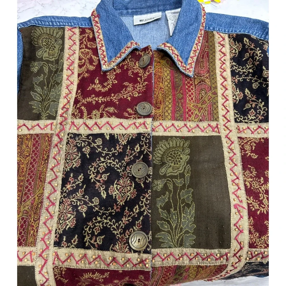 Units Womens Patchwork Tapestry Denim Jacket Cotton Blend Medium Blue Multicolor